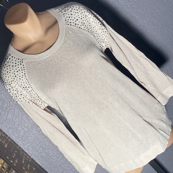 EXPRESS - NWT - cream sheer mesh knit l/s sweater w silver studded shoulders - L - Picture 1 of 16